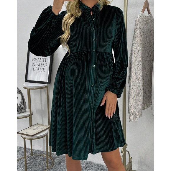 Maternity Green Velvet Button Down Long Sleeve Dress - Picture 2 of 4